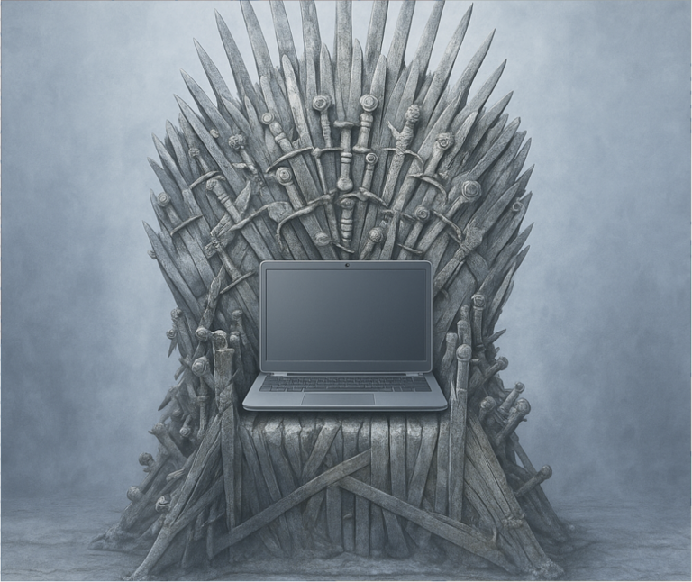 A laptop placed on the seat of a throne made of swords, set against a smoky, blue-gray background.